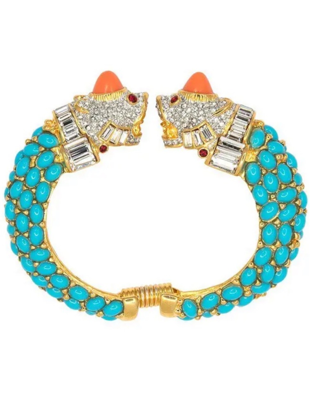 Designer Double Koi Fish Hinged Bracelet Turquoise Coral Rhinestone